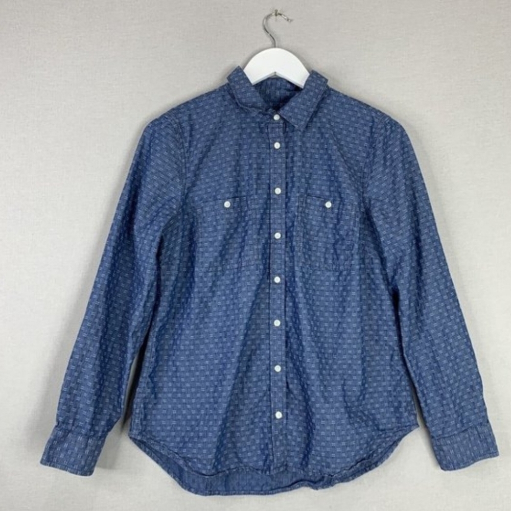 Talbots Womens Top Medium Blue Button Chambray Printed Shirt Career Minimalist